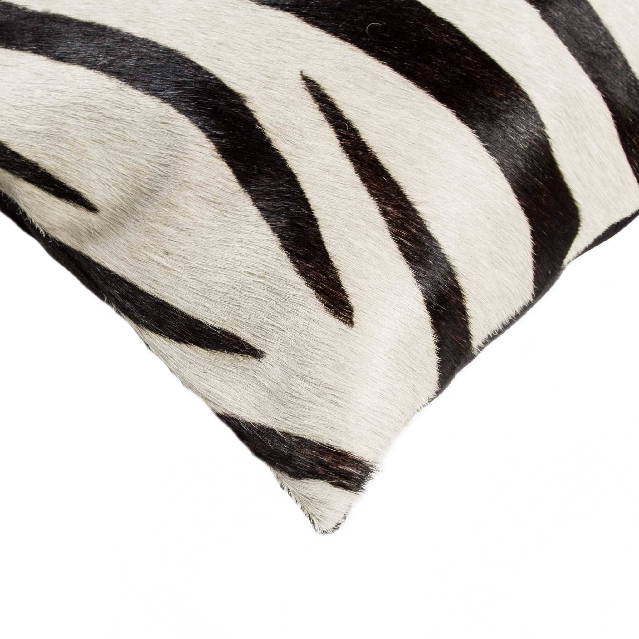 18" x 18" x 5" Zebra Black On Off White Cowhide Pillow On Sale Bed